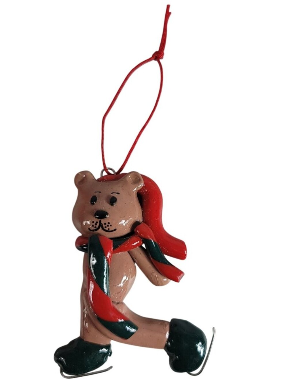 Vintage Christmas Bear Hanging Ornament Brown 3" Ice Skating Glossy Scarf